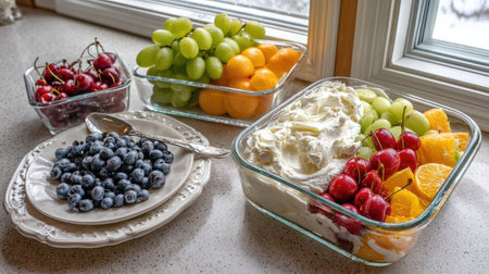 An overhead view displays several clear glass containers filled with an array of fresh fruits. The image showcases grapes, cherries, blueberries, and orange segments, along with a cream topping. The scene is illuminated by natural sunlight, suggesting a bright indoor setting. This image could be used for culinary, health, or wellness-related projects.の素材