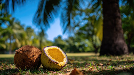 Two coconuts, one whole and one cut open, rest on a grassy surface. The image displays vibrant greens, browns, and yellows, indicative of natural textures. A large palm tree and other foliage create a blurred backdrop under a clear blue sky. This photo could be used for diverse editorial and commercial projects.の素材