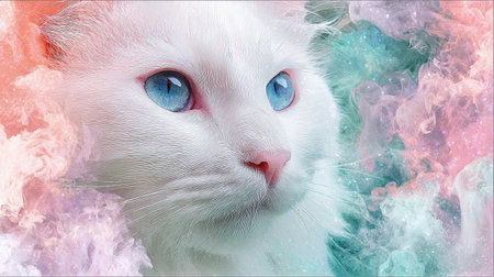 A white cat with piercing blue eyes is the central focus, set against a soft, blurred backdrop of pastel colors. The image evokes a sense of fantasy. This artistic style, possibly a digital creation, could be used in various creative projects for design and marketing materials.の素材