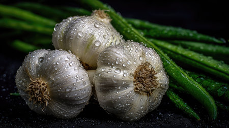 This image presents three garlic bulbs, each covered in glistening water droplets, alongside vibrant green vegetables. The composition features a close-up shot with high detail, showcasing textures and colors. The lighting is likely focused, creating shadows on a dark background. This imagery could be used in advertising or culinary contexts.の素材