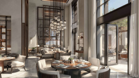 An interior showcases a sophisticated design with large windows and open doors, illuminating the space. The scene features contemporary furniture, soft textures, and neutral colors. This arrangement is suitable for architectural presentations, lifestyle imagery, or editorial content focusing on modern design.の素材