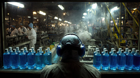 An individual wearing protective headphones observes the bottling process through a window. The scene features rows of blue liquid-filled bottles and active machinery in a dimly lit industrial environment. This setting evokes a sense of production. The image may be suitable for illustrating industrial processes or manufacturing themes.の素材
