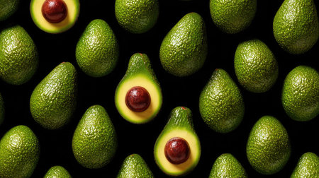 This overhead shot showcases a pattern of fresh avocados arranged on a dark background. The vibrant green fruits contrast sharply, some halved to reveal a rich red seed. This studio-style composition highlights the texture and detail of the fruit, ideal for commercial food or health-related projects.の素材