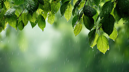 This image presents a close-up of green leaves with water droplets, set against a soft, out-of-focus background. The scene showcases a natural, outdoor environment, possibly during or after rain. The composition highlights organic textures and various shades of green. It could be suitable for illustrating themes like nature, freshness, or environmental topics.の素材