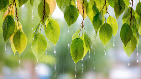 Close-up view of green leaves dripping with raindrops creates a refreshing display. The image showcases a natural composition with vibrant colors and textures. The overhead lighting enhances the clarity of each droplet. Suitable for various editorial and commercial purposes.の素材