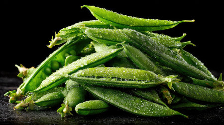 A close-up captures several green pea pods, some open, revealing the peas within, against a dark surface. The image showcases a macro view of the pods. Water droplets glisten on the pods. It suggests the freshness of the food and potential use in recipe designs or culinary projects.の素材