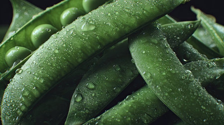 The image showcases fresh green pea pods arranged closely together, highlighted by glistening water droplets. The composition utilizes natural lighting, emphasizing the vibrant green color and textures. This photograph could be suitable for culinary projects, food-related content, or illustrating concepts of freshness and organic produce.の素材
