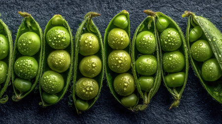 This macro shot showcases multiple open pea pods filled with vibrant green peas. The pods display a textured surface with water droplets, set against a dark background. The composition is closely framed, highlighting details. This image could be used for culinary projects, health and wellness articles, or general food-related content.の素材