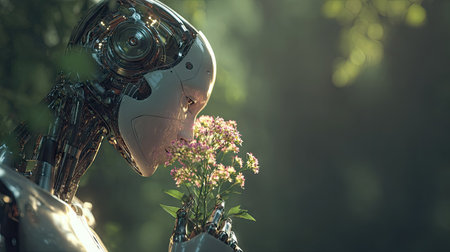 A detailed depiction shows a robot, with metallic components and a serene face, gently holding and smelling a bouquet of flowers. The image features a soft, cinematic lighting style, with natural tones, suggesting an outdoor environment. This composition may be used for design, concepts, or editorial purposes.の素材