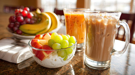 This image showcases a colorful breakfast arrangement with various fruits, smoothies, and iced coffee. The composition features a glass bowl filled with fruit salad, plates of grapes and bananas, and two glasses of smoothies and an iced coffee. The lighting is bright, highlighting the vibrant colors of the food, suggesting a refreshing and healthy start to the day. Suitable for use in editorial or commercial content.の素材