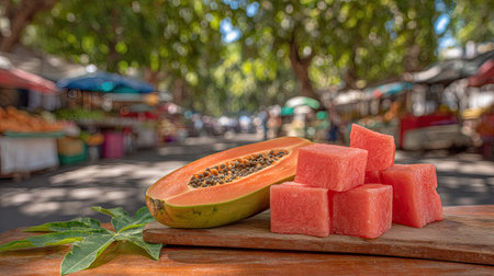 A half-cut papaya and a group of watermelon cubes are presented on a wooden board. The image displays vibrant colors and textures, with a focus on the fresh produce. The composition is set outdoors, possibly in a market environment, with blurred backgrounds of stalls and sunlight. This visual could be used for various commercial or editorial purposes.の素材