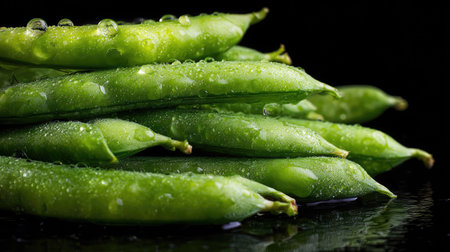 Close-up of several green pea pods, showcasing their vibrant color against a dark backdrop. The image highlights the textures and details of the pods and water drops. It features soft lighting. This visual is suitable for illustrating culinary themes and healthy eating concepts.の素材