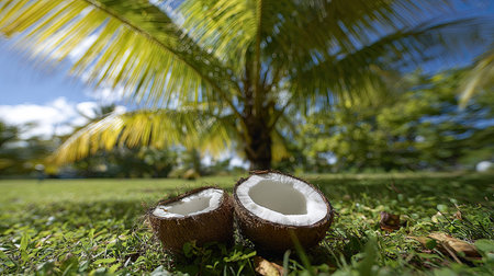 Two halved coconuts rest on vibrant green grass under a bright blue sky, with a large palm tree in the background. The image showcases a sunny, outdoor setting. The composition utilizes natural light and a shallow depth of field. Suitable for promotional materials and various commercial projects.の素材