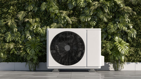 An air conditioning unit is displayed against a lush green wall of plants, offering a clean and modern aesthetic. The image showcases an outdoor setting with bright lighting. It features a mix of textures and colors, suitable for various applications in marketing and design.の素材