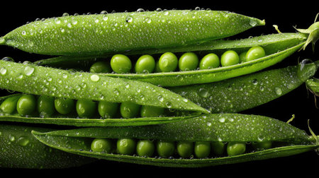 The image showcases fresh green peas in open pods, resting atop each other against a dark backdrop. Water droplets glisten on the peas and pods, highlighting their vibrant green color and texture. The composition emphasizes a close-up view, suggesting potential use for food-related advertising or editorial content.の素材