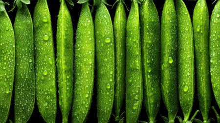 This image features a close-up view of fresh green pea pods arranged in a linear pattern. The pods, with their smooth texture, are dotted with water droplets, suggesting freshness. The composition is set against a dark background, and the lighting highlights the natural color. This could be suitable for editorial or commercial usage.の素材