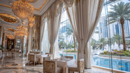 An indoor space features ornate chandeliers and beige curtains framing a view. Through a large glass window, a city, palm trees, and a pool are visible. The composition uses natural light, creating a bright, sophisticated aesthetic suitable for architectural or lifestyle imagery.の素材