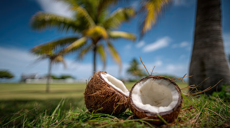 Two halves of a fresh coconut rest on green grass, offering a close-up view. The background features palm trees and a bright blue sky, suggesting an outdoor setting. The composition is balanced with natural lighting. This image could be used for various projects needing tropical or nature themes.の素材