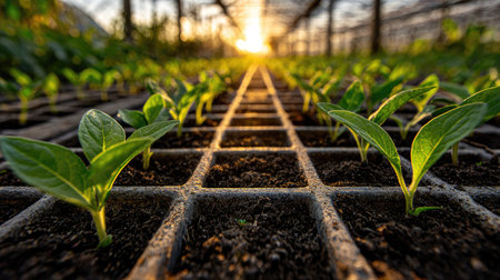 Rows of young plants are depicted growing in a greenhouse environment. The plants feature vibrant green leaves, contrasted by dark soil and trays. Warm sunlight streams through the structure's ceiling, providing an overhead glow. The image suggests growth and natural cultivation, suitable for various agricultural or environmental publications.の素材