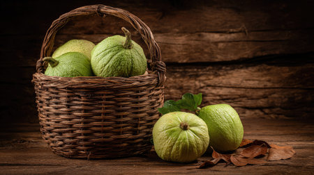 A wicker basket is filled with green guava fruits, positioned on a weathered wooden surface. The image showcases the fruits' textured skin and a few fallen leaves. The lighting creates a warm, inviting atmosphere. Suitable for culinary, health, or agricultural projects, offering versatile visual content.の素材