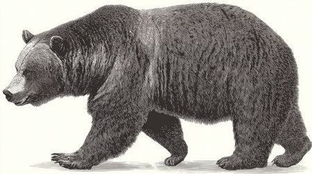 This monochrome illustration depicts a grizzly bear in a walking pose, emphasizing its size and fur texture. The artwork showcases the animal in a neutral, isolated setting, using shades of gray. Suitable for educational materials, wildlife articles, or design projects, this image offers versatile commercial usage.の素材