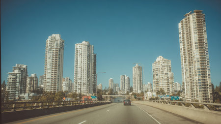 A cityscape showcases numerous high-rise buildings set against a clear blue sky. The photograph features a composition of varied architectural structures. The scene appears to be illuminated by natural daylight. This image could be suitable for commercial uses that require a view of modern urban landscapes and architecture.の素材