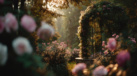 A serene garden setting features a decorative archway covered in foliage. Soft sunlight filters through the trees, illuminating the scene. Pastel-colored flowers are scattered throughout, enhancing the natural aesthetic. This image could be used for various editorial and commercial applications.の素材
