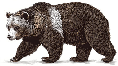 A grizzly bear, depicted in a detailed illustration, is shown walking across a white backdrop. The artwork features brown and white fur with a textured appearance. The composition emphasizes the animal's form and movement, suitable for diverse design applications and commercial use.の素材