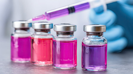 A row of glass vials filled with vibrant, colored liquids is displayed. A syringe positioned above suggests preparation for an injection. The image shows precise detail and uses a shallow depth of field, focusing attention on the scientific instruments. The scene may be suitable for medical, laboratory, or research-related purposes.の素材