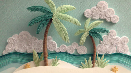 A handcrafted paper art piece depicts a tropical scene. Two stylized palm trees stand on a sandbar, with cloud formations in the sky. The composition uses a variety of textures and colors to create depth. This image could be utilized for decorative purposes or editorial content.の素材