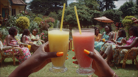 Two hands raise glasses of juice in a celebratory gesture. The scene depicts a group of people socializing outdoors on a sunny day. The image displays vibrant colors, soft focus, and a composition that emphasizes the shared experience. This image is suitable for use in a variety of commercial projects, promoting social gatherings and leisure.の素材