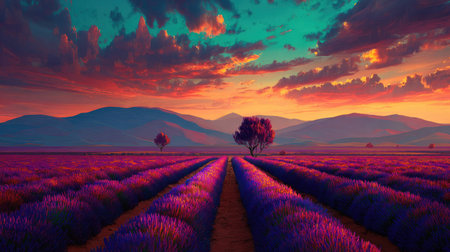 An expansive lavender field stretches toward the horizon beneath a vibrant sunset. The scene features rows of purple flowers, rolling hills, and a dynamic sky with hues of orange, pink, and blue. This evocative landscape could be suitable for various editorial and commercial applications, including travel and design projects.の素材