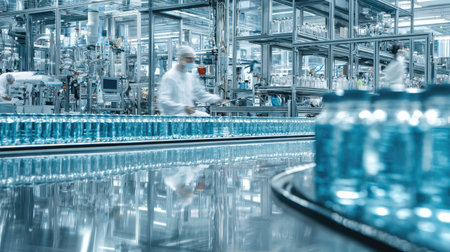 An industrial scene shows a production line with multiple workers, and numerous blue containers. Metallic, clean lines and soft lighting are visible in the environment, suggesting a modern manufacturing setting. These images are suitable for commercial and industrial design projects, showcasing processing capabilities and production.の素材