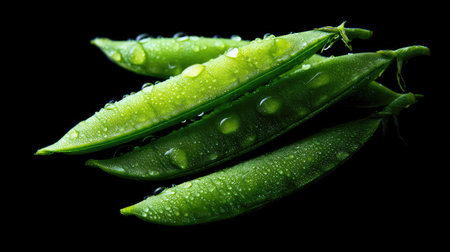 Four vibrant green pea pods are captured against a stark black backdrop. The pods are covered with tiny droplets, enhancing their freshness. The composition highlights the pods' texture and color. This image could be suitable for food-related advertising, educational materials, or editorial content.の素材