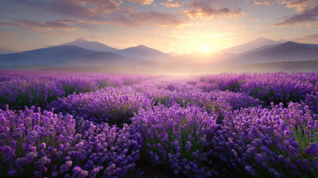 A vast field of purple lavender flowers stretches towards distant mountains under a colorful sunset. The scene features a soft, diffused lighting with a warm color palette. The image can be used in various commercial projects, including travel, nature, and design materials.の素材