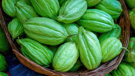 The image shows a wicker basket filled with green vegetables. The vegetables are an oblong shape with a textured surface. They are displayed with a close-up perspective, with overhead lighting. Suitable for various uses, including marketing or editorial content concerning healthy eating or organic produce.の素材
