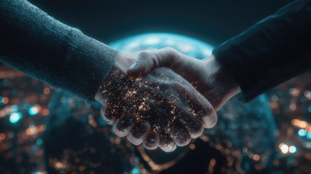 A close-up depicts two hands clasped in a handshake, with the surface of one hand revealing a glowing city. Set against the backdrop of a blurred illuminated globe, the image features dark colors and emphasizes the concept of global connections. Suitable for illustrating themes of international business, unity, or technological advancement.の素材