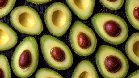 A vibrant display showcases numerous avocado halves, their rich green exteriors contrasting against the creamy yellow flesh. The brown seeds are visible at the center. The composition utilizes a close-up perspective. This arrangement could be used for healthy eating concepts or food-related design projects, ideal for editorial and commercial applications.の素材