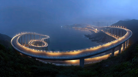 An elevated road bridge curves gracefully across the scene, highlighted by a network of lights. The composition features a flowing design set against a dark, twilight sky. The structure appears in a soft, ambient light with a smooth texture. Suitable for use in visual stories, design projects, or commercial campaigns.の素材