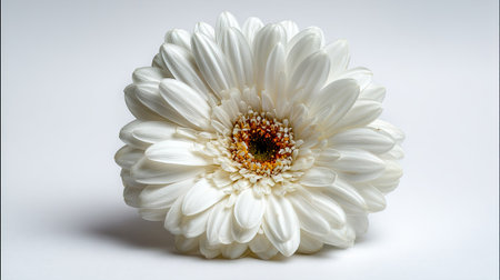 A close-up studio shot presents a pristine white gerbera daisy in full bloom. The flower showcases layered petals and a textured, detailed center, set against a clean white background. The lighting highlights the flower's form and color variations. Suitable for visual assets, this image is ideal for various design and advertising applications.の素材