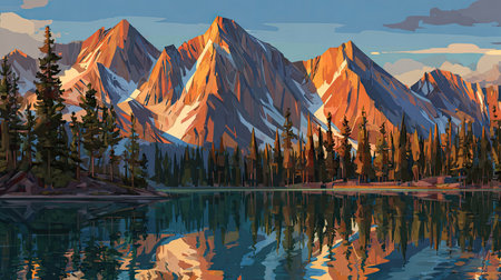 This image showcases a scenic landscape featuring snow-capped mountains reflecting in a calm lake. The artwork employs a painting style, emphasizing bold colors and textures. The scene is illuminated by warm sunlight, implying a daytime setting. Suitable for various editorial and commercial applications, it highlights the beauty of nature.の素材