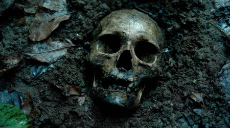 A weathered human skull rests on dark, damp soil. The image presents a close-up perspective, emphasizing the texture of the bone and earth. The composition features natural lighting, enhancing the contrast between light and shadow. This image might be suitable for illustrations related to death, Halloween, or concepts related to biology.の素材