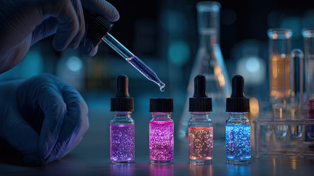 A close-up view showcases a hand using a dropper to dispense liquid into vials filled with glowing substances. The scene is illuminated with blue and purple tones, highlighting laboratory equipment. The image could be used in science publications, educational materials, or promotional content related to research.の素材