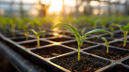 Several small plants grow in a black tray. The composition highlights the young plants, with sunlight shining through the background. The scene is likely indoors, with the natural light providing warmth. This image is suitable for illustrating concepts related to growth, agriculture, or environmental themes.の素材