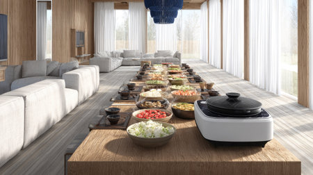 A long wooden table is laden with bowls of prepared food. The interior features a minimalist style with soft, natural light. The composition highlights the variety of ingredients. It could be used for culinary presentations, editorial content, or design projects.の素材