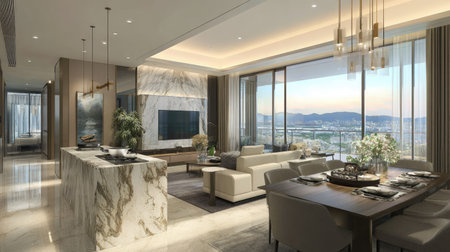 A contemporary living space showcases a dining area, a kitchen island, and a comfortable seating arrangement. The composition features expansive windows framing a cityscape view. Warm ambient lighting illuminates the textures of marble, wood, and neutral-toned furnishings. This image could be used for architecture, design, or real estate projects.の素材