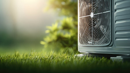 An air conditioning unit sits on a grassy lawn, its metal casing and fan blades contrasting with the soft green of the grass. The background features out-of-focus green foliage under bright daylight. Suitable for advertising materials about climate control or environmental themes.の素材