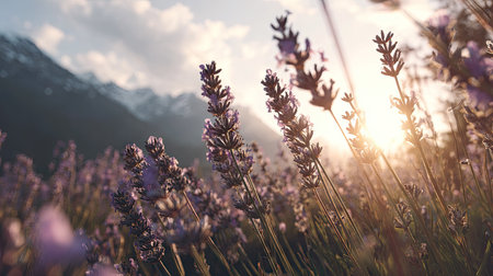 A field of lavender flowers bathed in warm sunlight is presented. The image displays a soft focus with a blurred background showcasing mountains. The scene is lit with a golden glow, possibly indicating morning or evening, creating a peaceful and serene atmosphere. This image is suitable for a variety of commercial or editorial applications.の素材