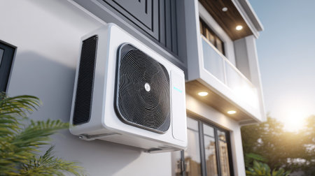 This image showcases a modern air conditioning unit mounted on the exterior of a building. The white and black unit contrasts with the building's facade. The composition suggests a daytime setting, with sunlight illuminating the scene. It could be used for architectural, residential, or technology-related purposes.の素材