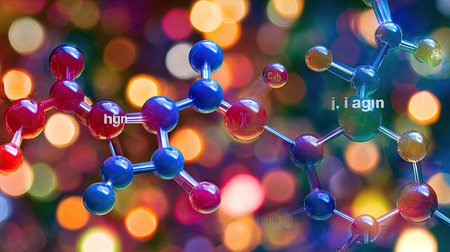 A close-up showcases a molecular structure composed of spheres and connecting lines against a blurred backdrop. The illustration presents a combination of colors and a shallow depth of field. Suitable for educational or scientific publications, the image is adaptable for various design projects.の素材